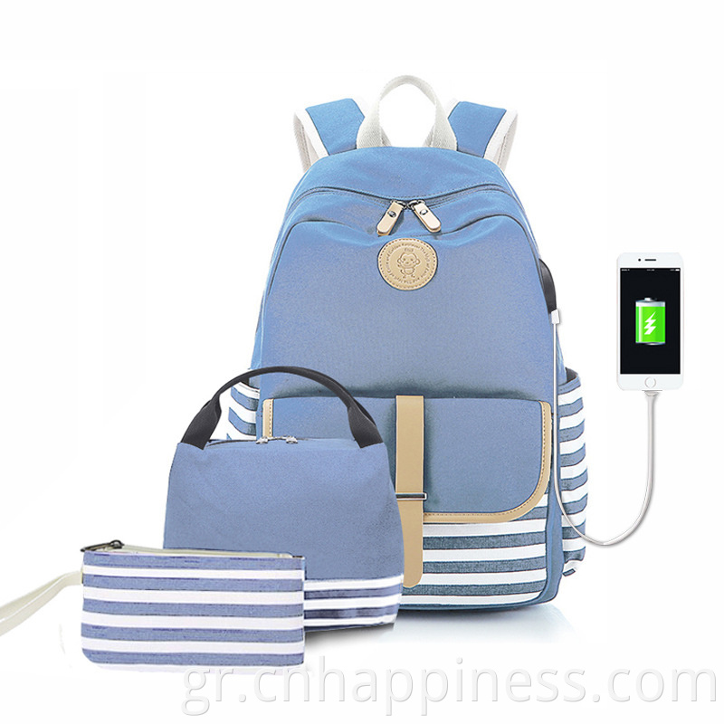 Amazon Hot Sale Foldable USB Φόρτιση Unisex School Bag Navel Blue Vintage Cotton Canvas Backpack Bag Set